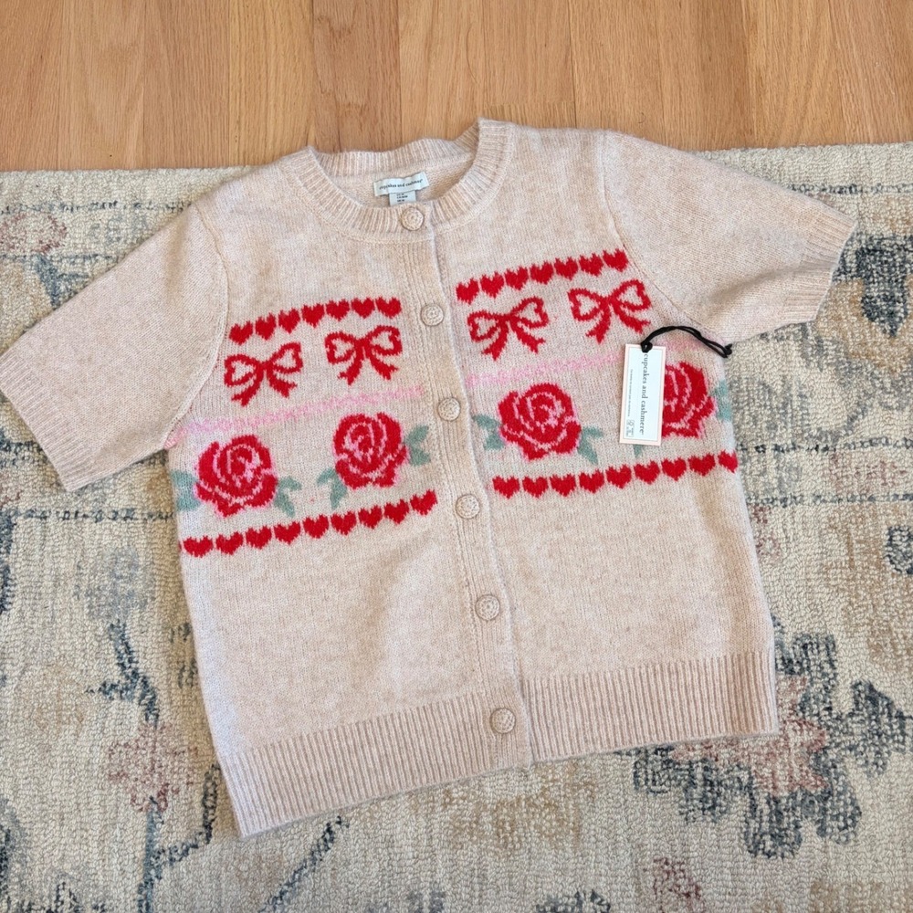 Cupcakes‎ and Cashmere Rose Hearts Cardigan Size M Short Sleeve Cottagecore